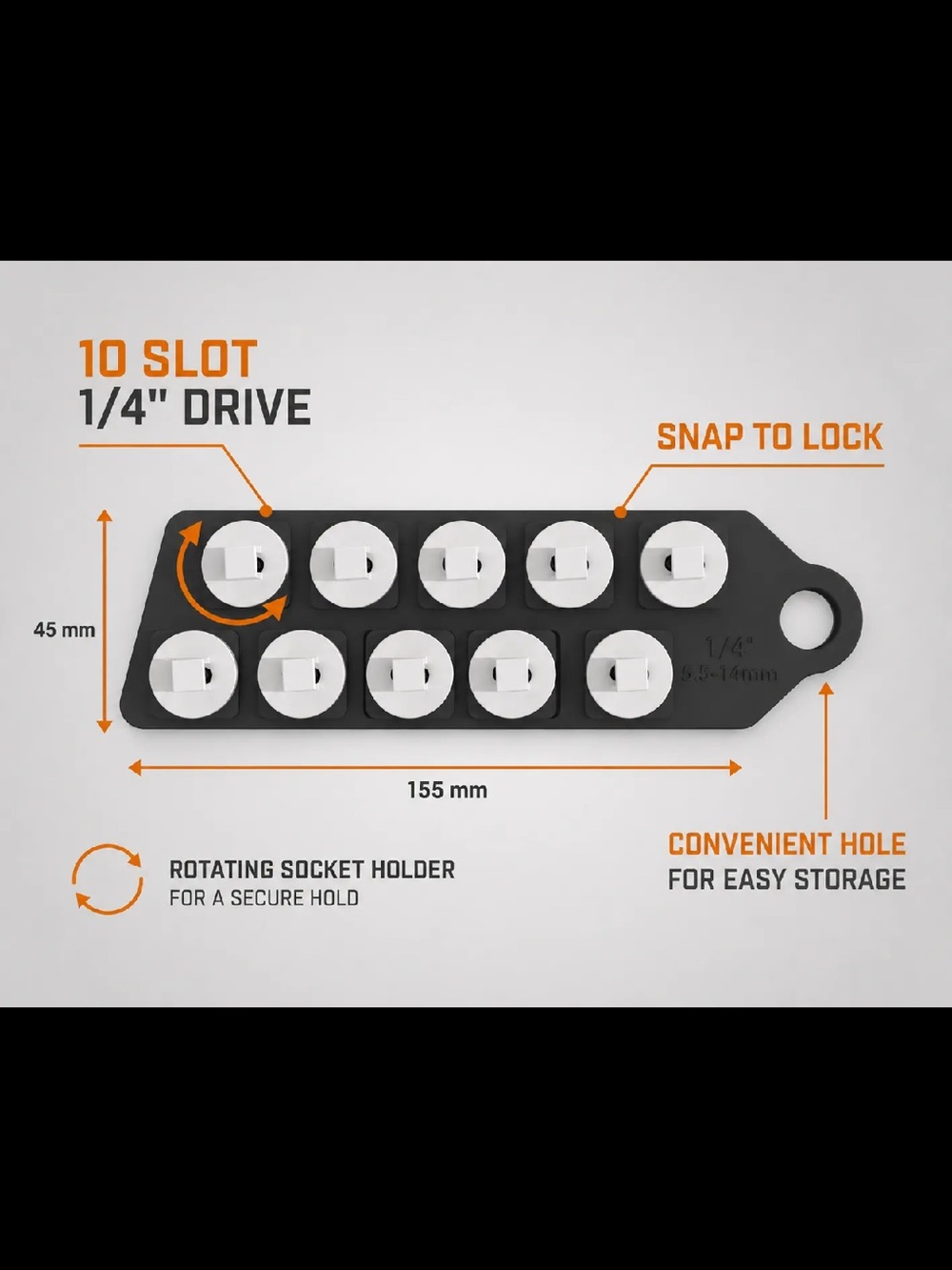 Black 10-Slot 1/4" Drive Rotating Socket Holder
